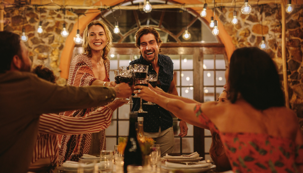 Friends toasting drinks at a dinner party